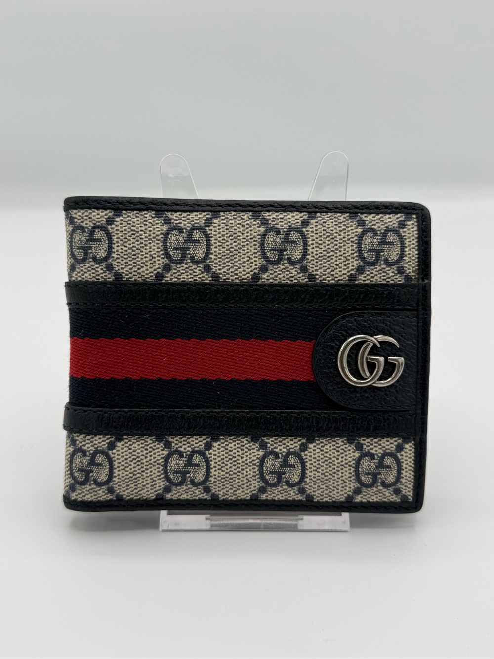 Gucci Beige/Black Canvas Wallet with Red Center Stripe